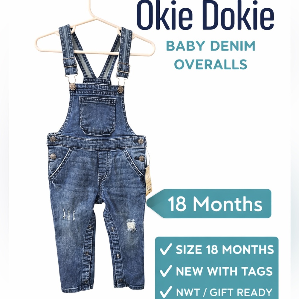 Okie Dokie Baby Denim Overalls 18 Months NWT Blue Jean Adjustable Straps
